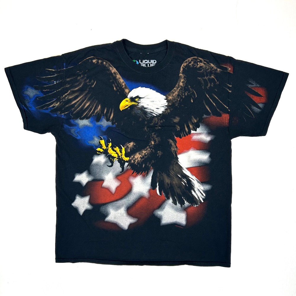 Liquid Blue Mens Eagle American Flag Graphic T-Shirt Black XL 2006 Vintage AOP